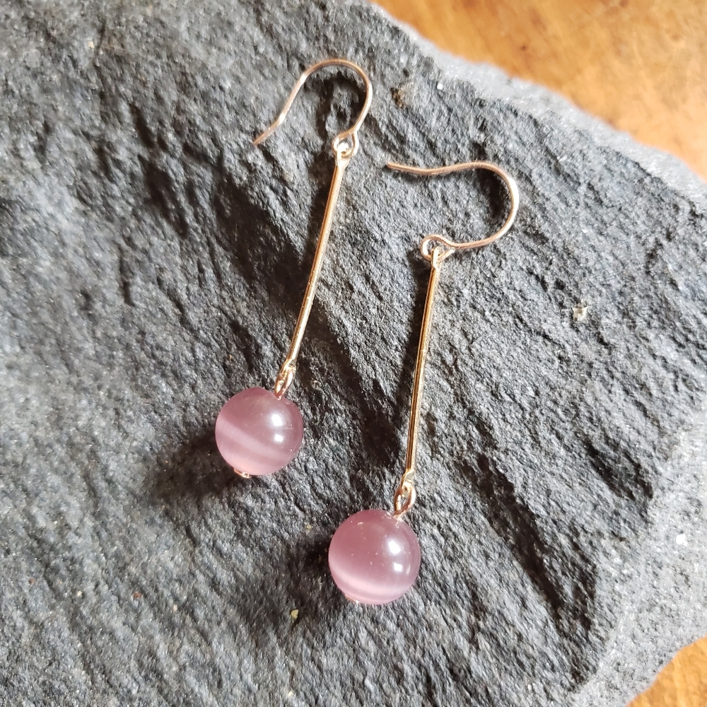 Handmade Rose Gold Dangle Purple Tiger Eye  Gemstone Earrings